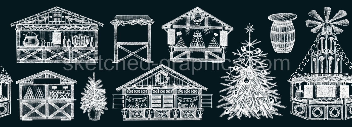 Christmas market background. Hand-drawn vector illustration on chalkboard. Holiday marketplace border design. Vintage seamless pattern. Christmas tree, wooden stall, candy shop, mulled wine sketches  Illustration